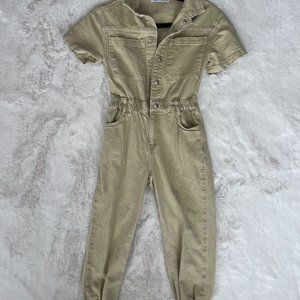 Zara Kids Utility Jumpsuit Jogger Leg Ruched Waist Short Sleeve Collared Khaki 9
